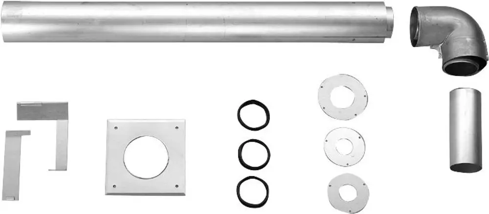 Aluminium-Abgasrohr mit einem gebogenen Ende, mehreren Dichtungsringen, Montageplatten und Verbindungselementen, präsentiert als Zubehör von Bosch für die Abgasführung.